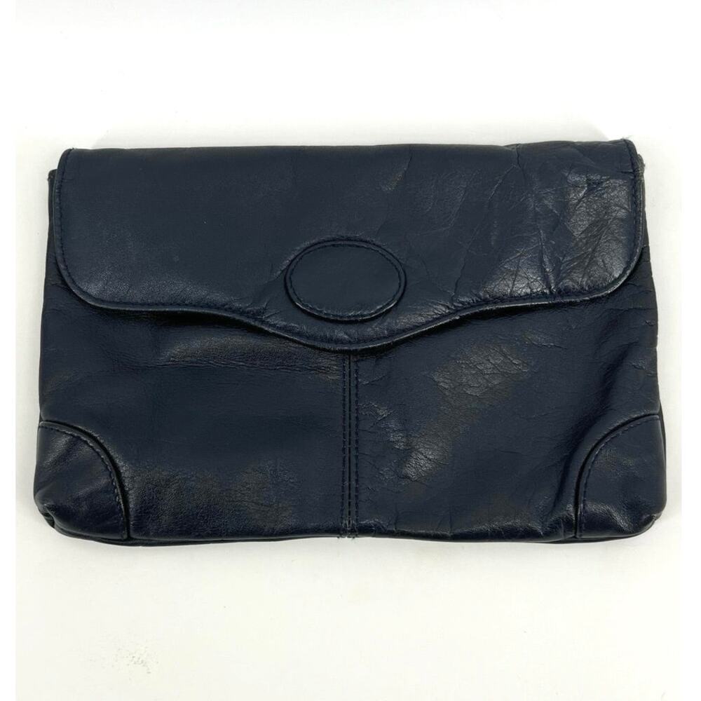 Vintage Genuine Leather Foldover Clutch Handbag Navy Blue